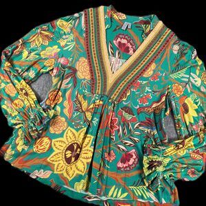 bl^nk London Anthropologie Floral Boho Blouse Large Green Embroidered Tunic L